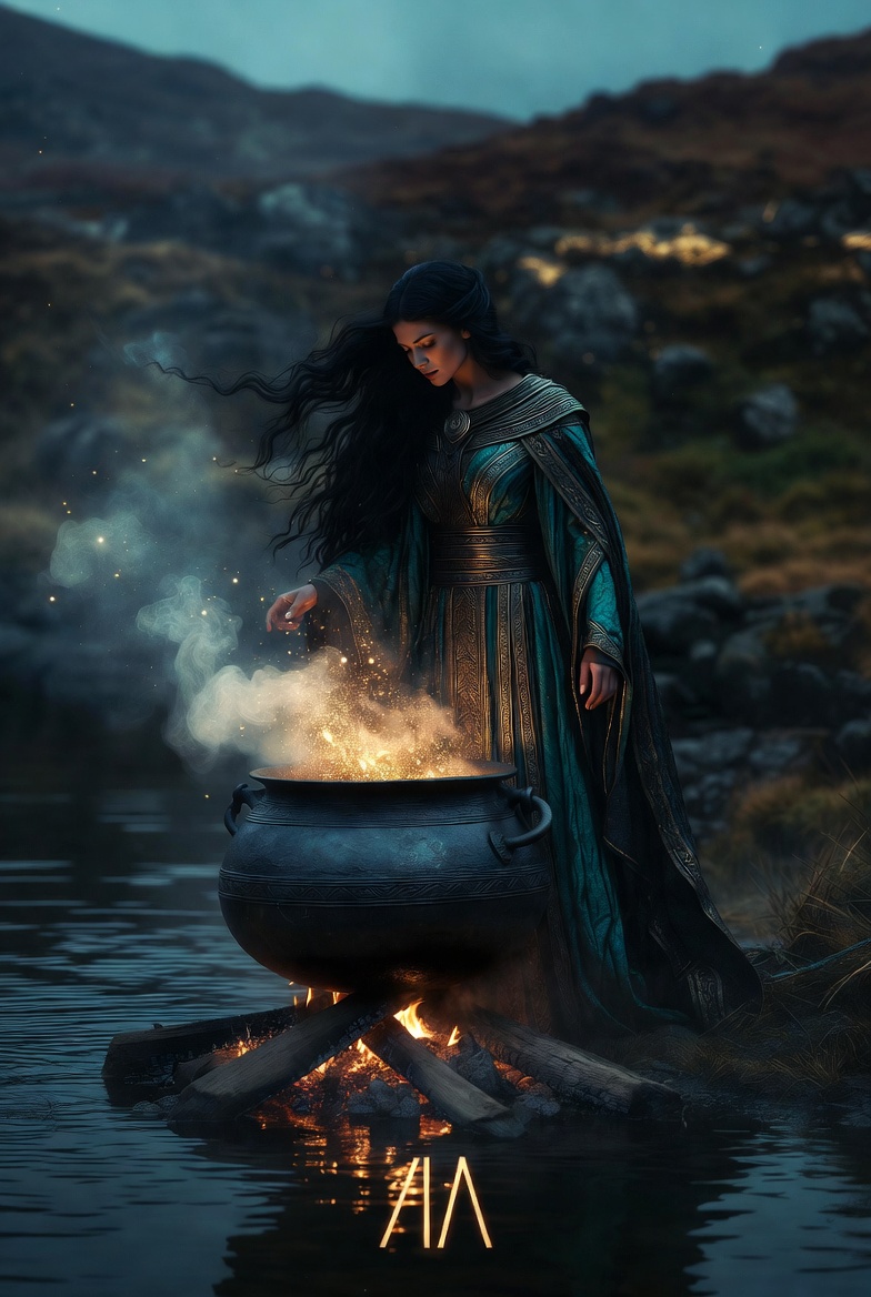 Gwion Bach accidentally tasting the three drops of Awen from Cerridwen's cauldron — the moment of transformation in Welsh mythology