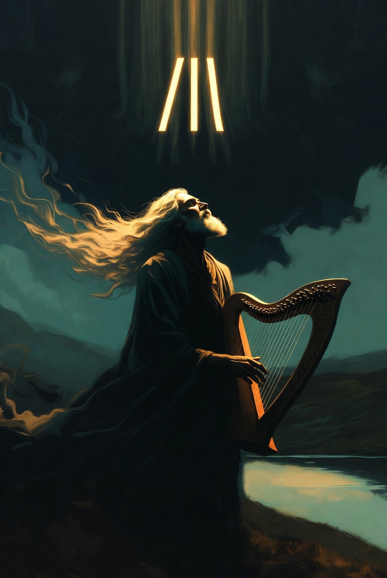 Three drops of Awen — the sacred symbol of Welsh bardic tradition — falling from a golden ladle forming the /|\ symbol of inspiration